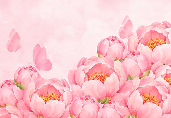 Fotobehang Roze bloemen met een vlinder (Artikelnummer: t01101)