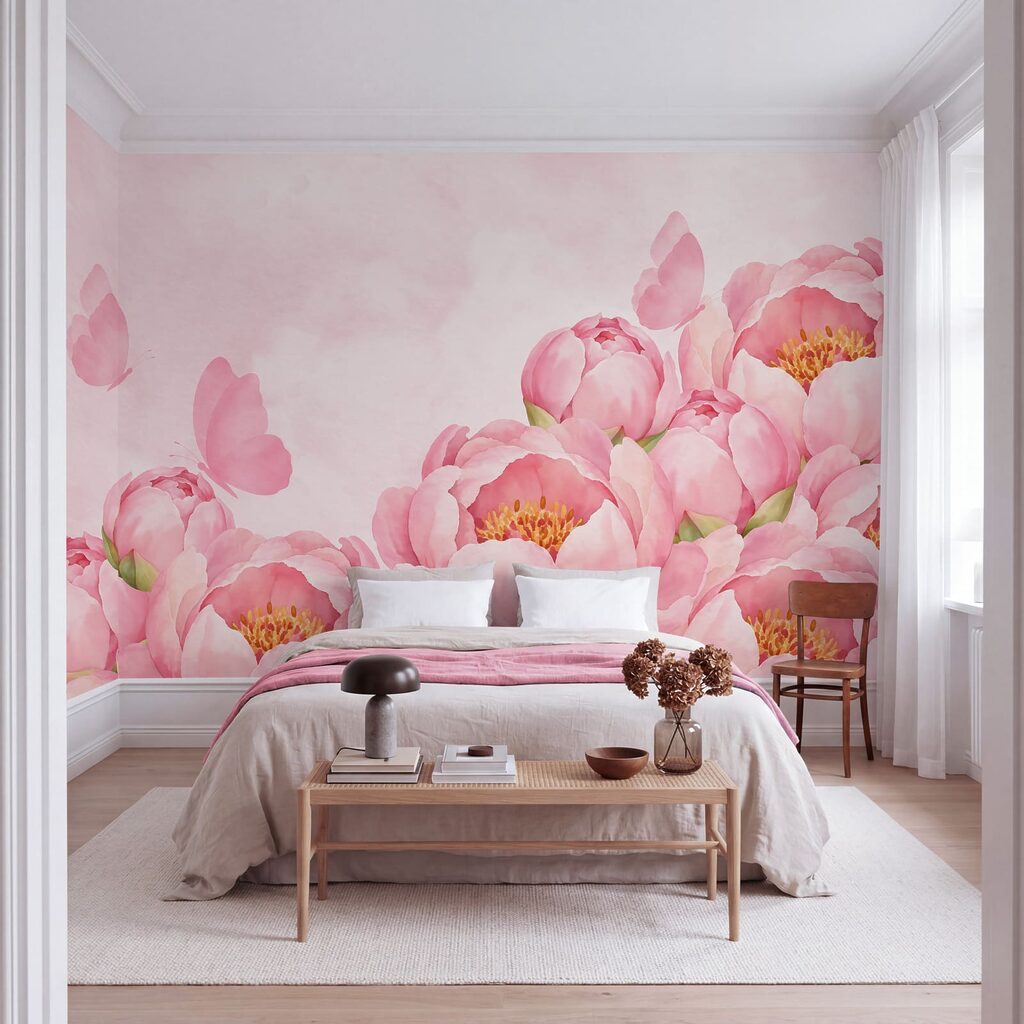 Fotobehang Roze bloemen met een vlinder (Artikelnummer: t01101)