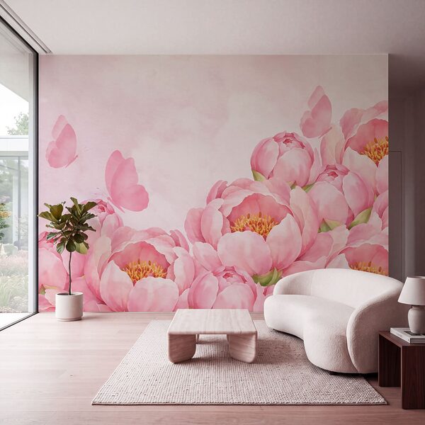 Fotobehang Roze bloemen met een vlinder (Artikelnummer: t01101)