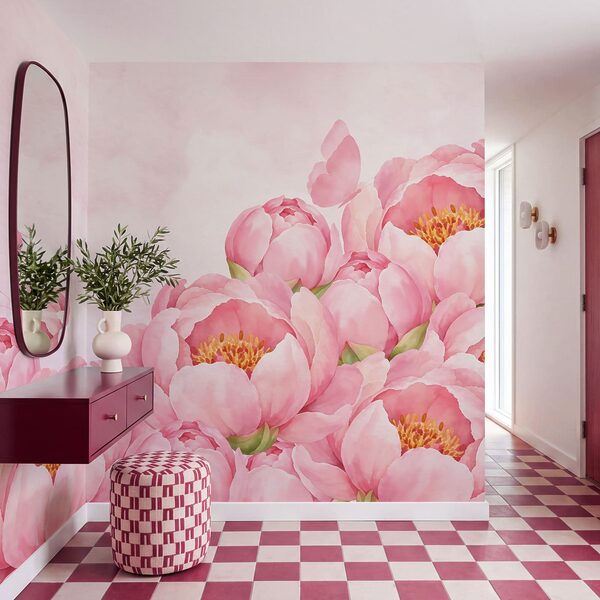 Fotobehang Roze bloemen met een vlinder (Artikelnummer: t01101)