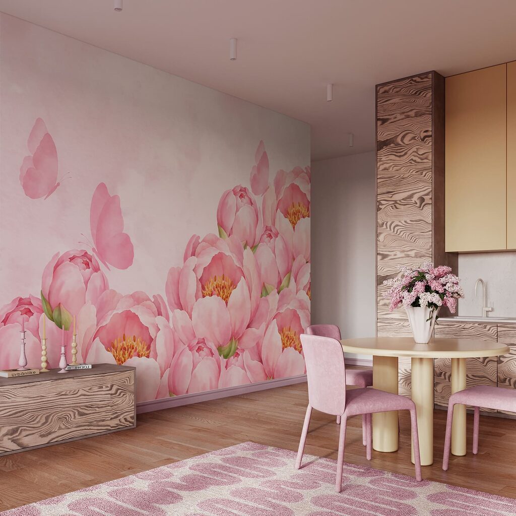 Fotobehang Roze bloemen met een vlinder (Artikelnummer: t01101)