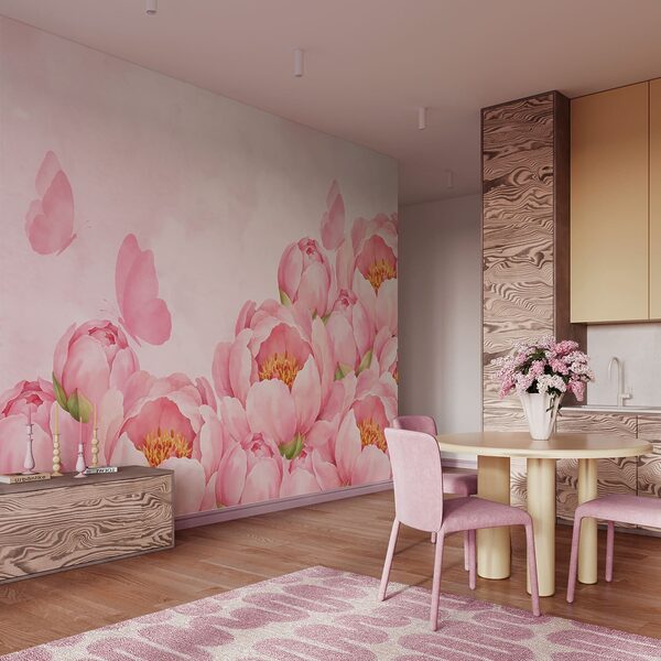 Fotobehang Roze bloemen met een vlinder (Artikelnummer: t01101)