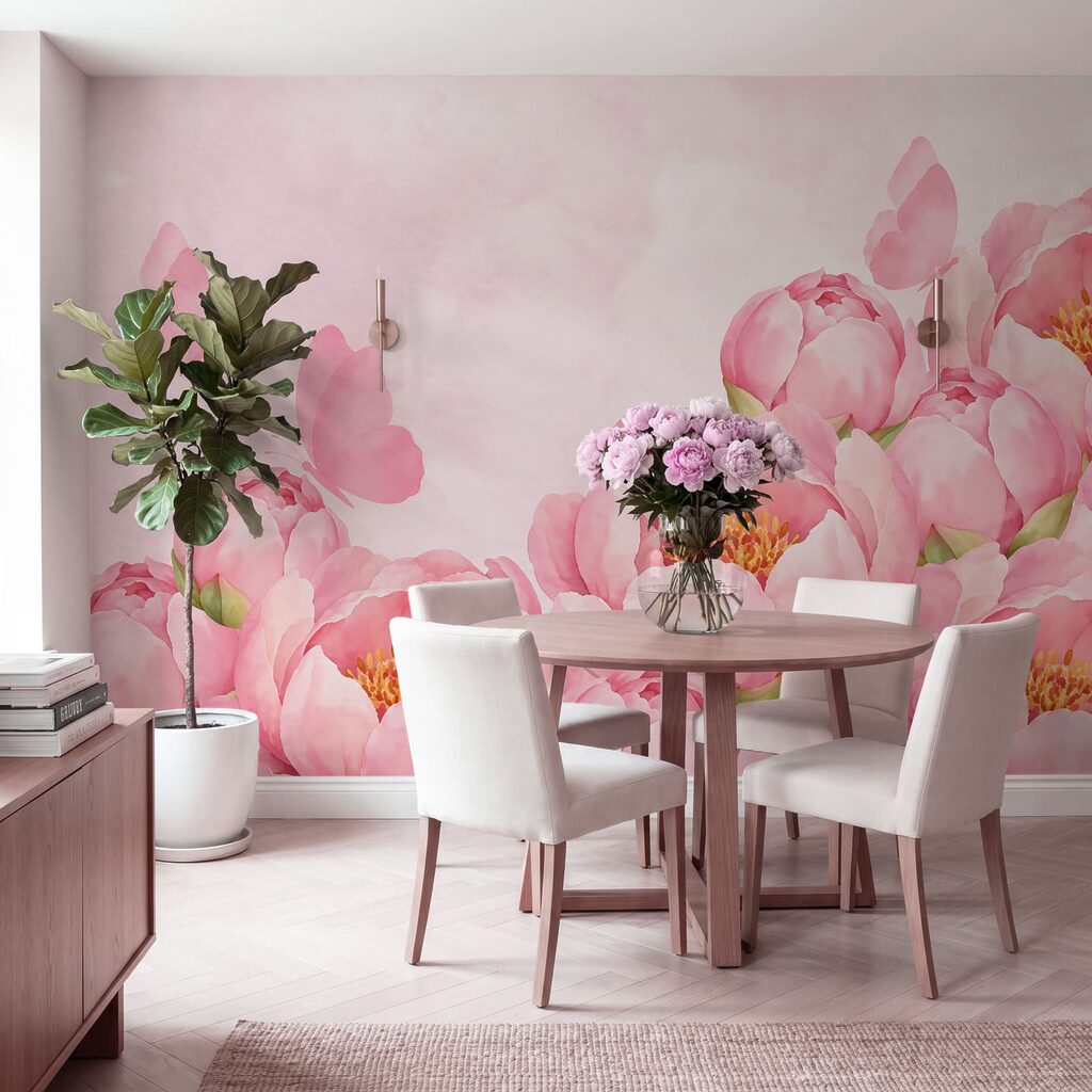 Fotobehang Roze bloemen met een vlinder (Artikelnummer: t01101)