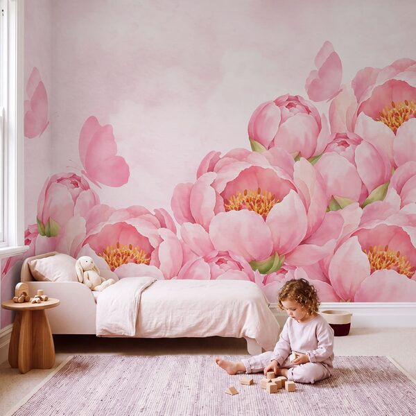Fotobehang Roze bloemen met een vlinder (Artikelnummer: t01101)