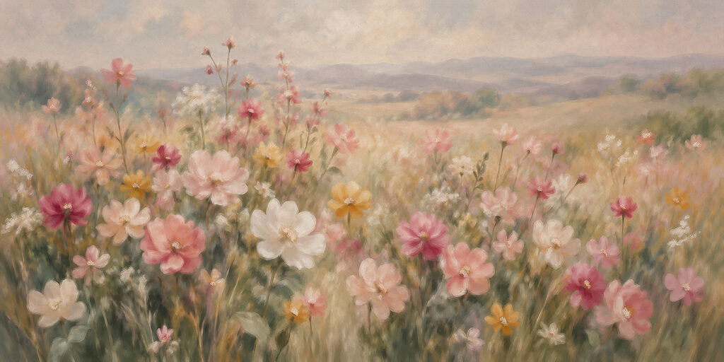 Fotobehang Schilderij van bloemen in een veld (Artikelnummer: t01110)