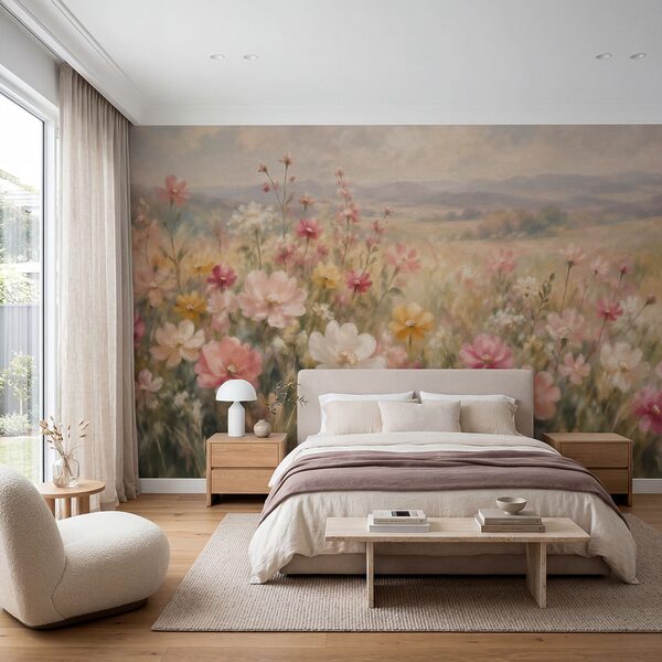 Fotobehang Schilderij van bloemen in een veld (Artikelnummer: t01110)