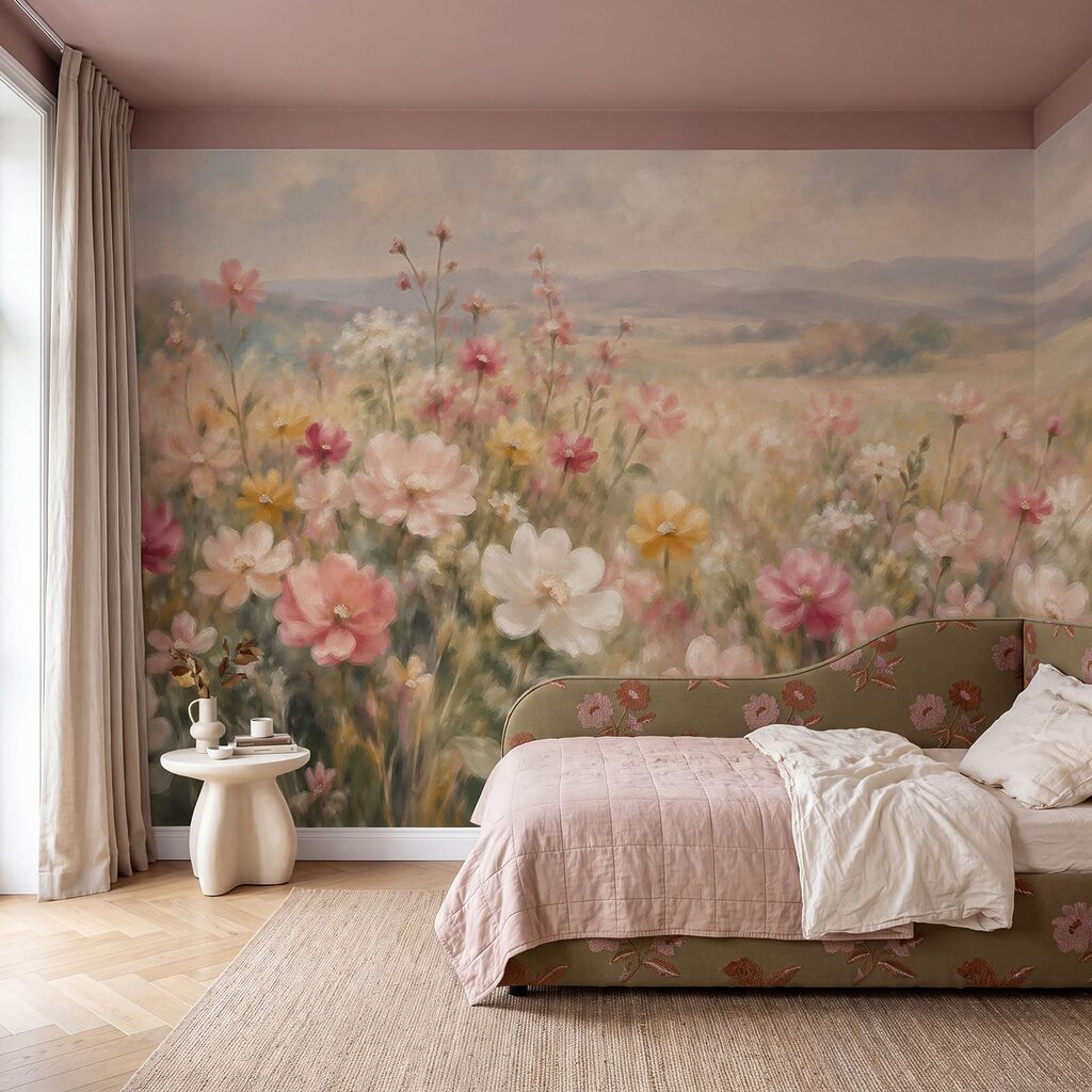 Fotobehang Schilderij van bloemen in een veld (Artikelnummer: t01110)