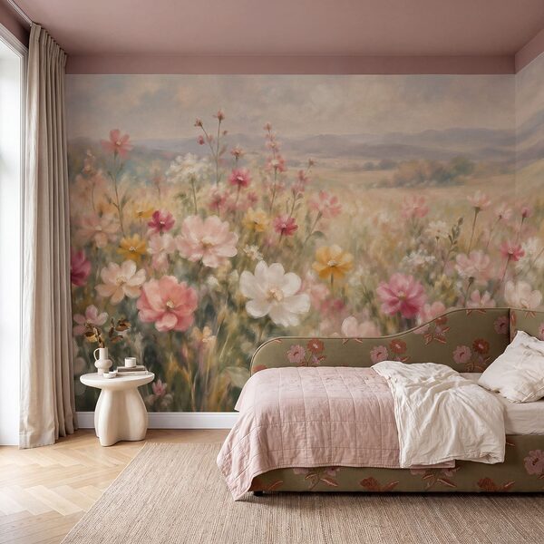 Fotobehang Schilderij van bloemen in een veld (Artikelnummer: t01110)