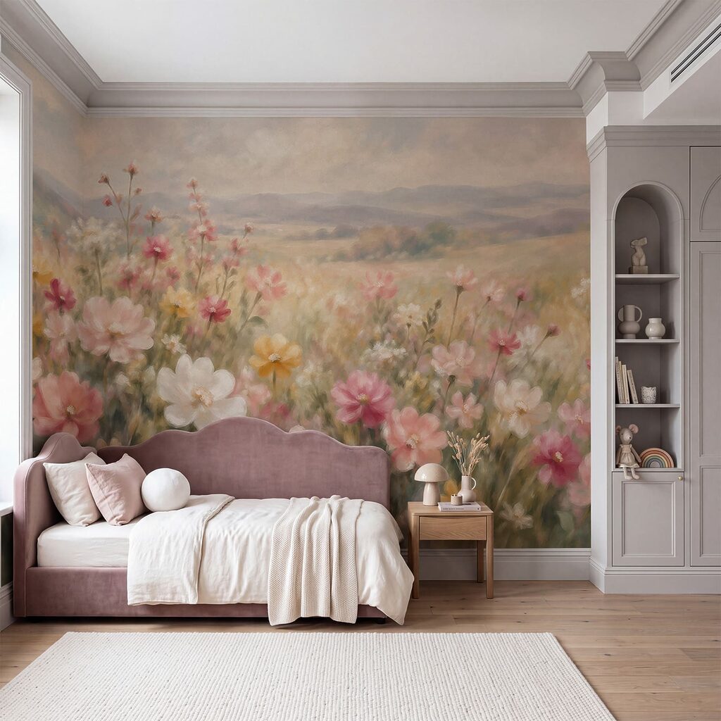 Fotobehang Schilderij van bloemen in een veld (Artikelnummer: t01110)