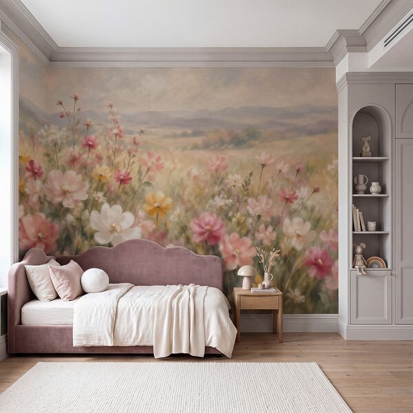 Fotobehang Schilderij van bloemen in een veld (Artikelnummer: t01110)