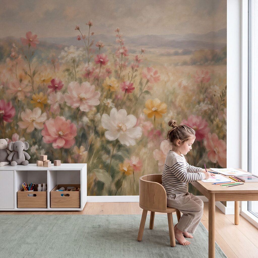 Fotobehang Schilderij van bloemen in een veld (Artikelnummer: t01110)