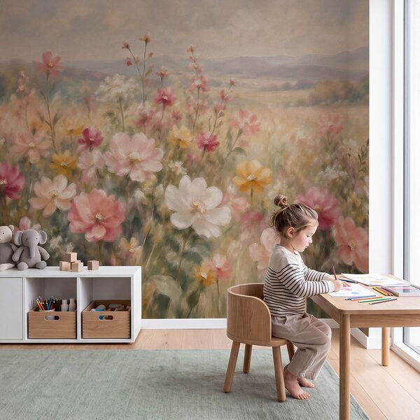 Fotobehang Schilderij van bloemen in een veld (Artikelnummer: t01110)