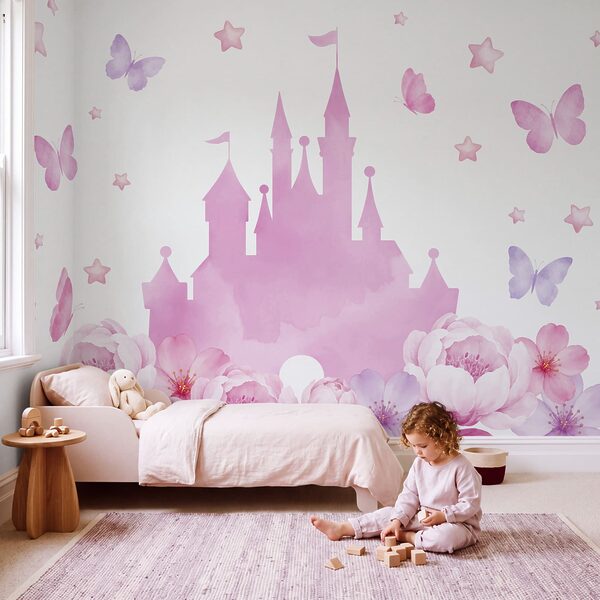 Fotobehang Roze kasteel met vlinders en bloemen (Artikelnummer: t01113)