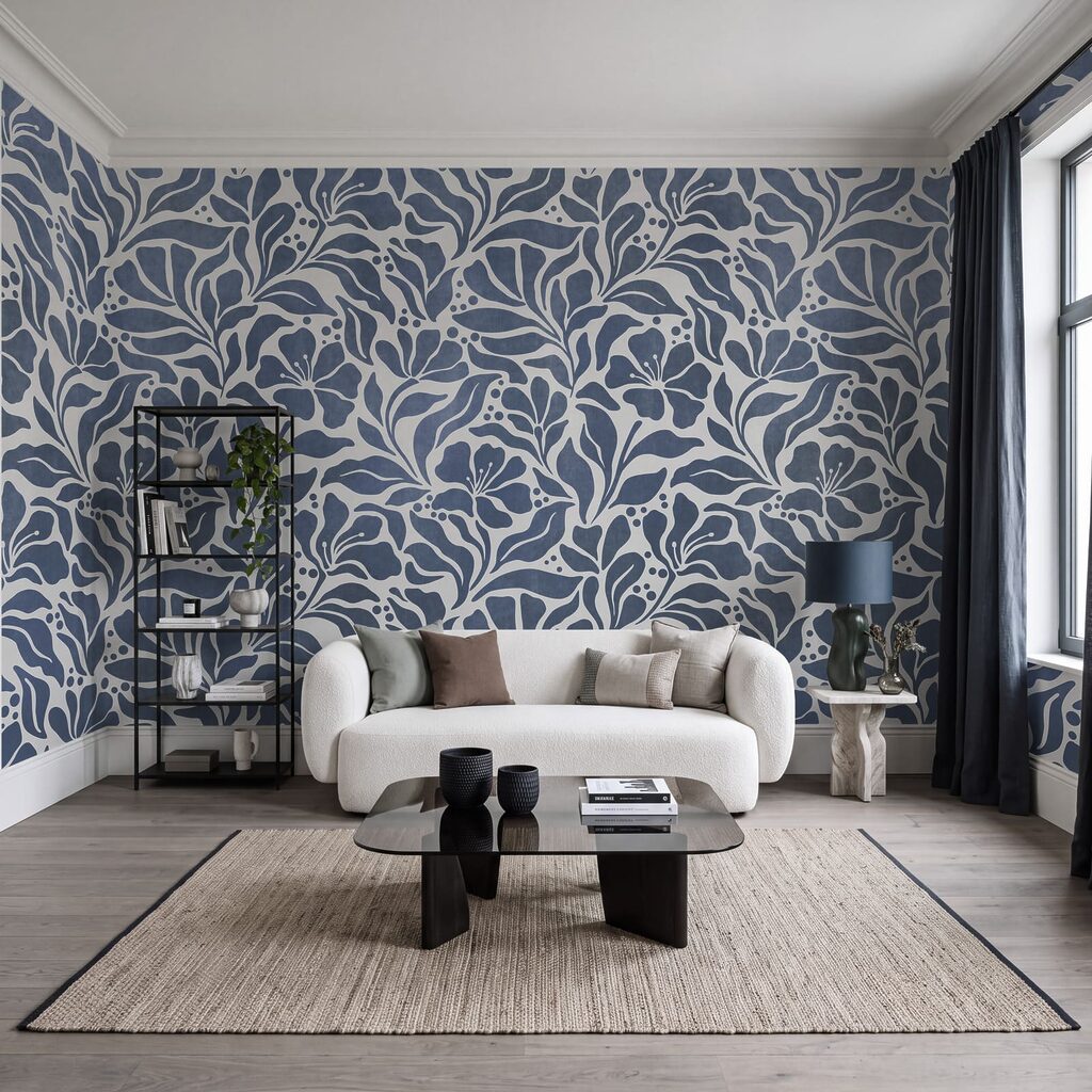 Fotobehang Blauw-wit bloemenpatroon (Artikelnummer: t01114v1)