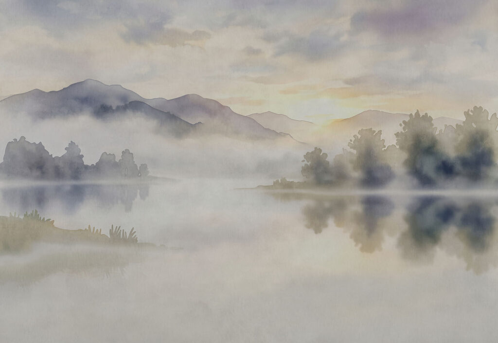 Fotobehang Aquarelschilderij van een meer met bomen en bergen op de achtergrond (Artikelnummer: t01068)