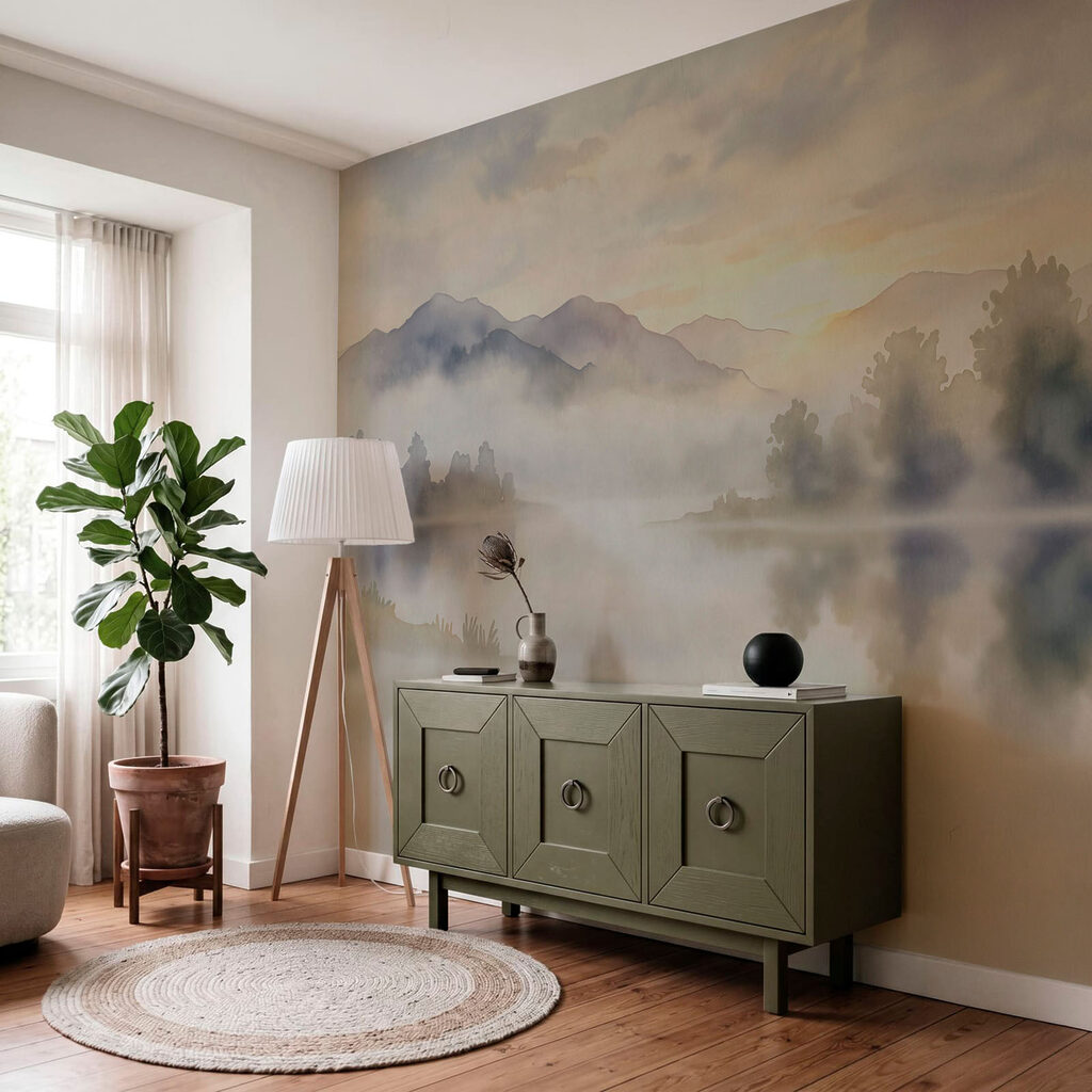 Fotobehang Aquarelschilderij van een meer met bomen en bergen op de achtergrond (Artikelnummer: t01068)