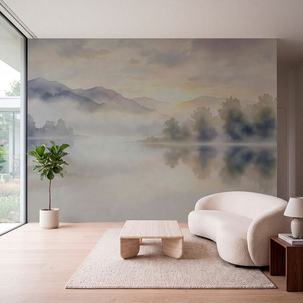Fotobehang Aquarelschilderij van een meer met bomen en bergen op de achtergrond (Artikelnummer: t01068)
