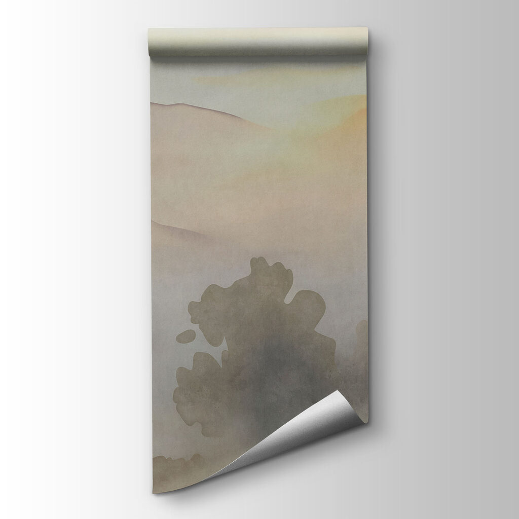 Fotobehang Aquarelschilderij van een meer met bomen en bergen op de achtergrond (Artikelnummer: t01068)
