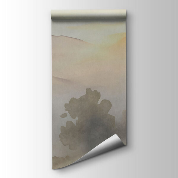 Fotobehang Aquarelschilderij van een meer met bomen en bergen op de achtergrond (Artikelnummer: t01068)
