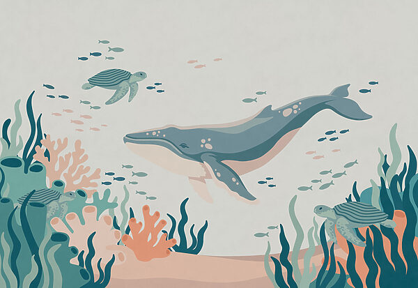 Fotobehang Een walvis en een schildpad die in de oceaan zwemmen (Artikelnummer: t01074)