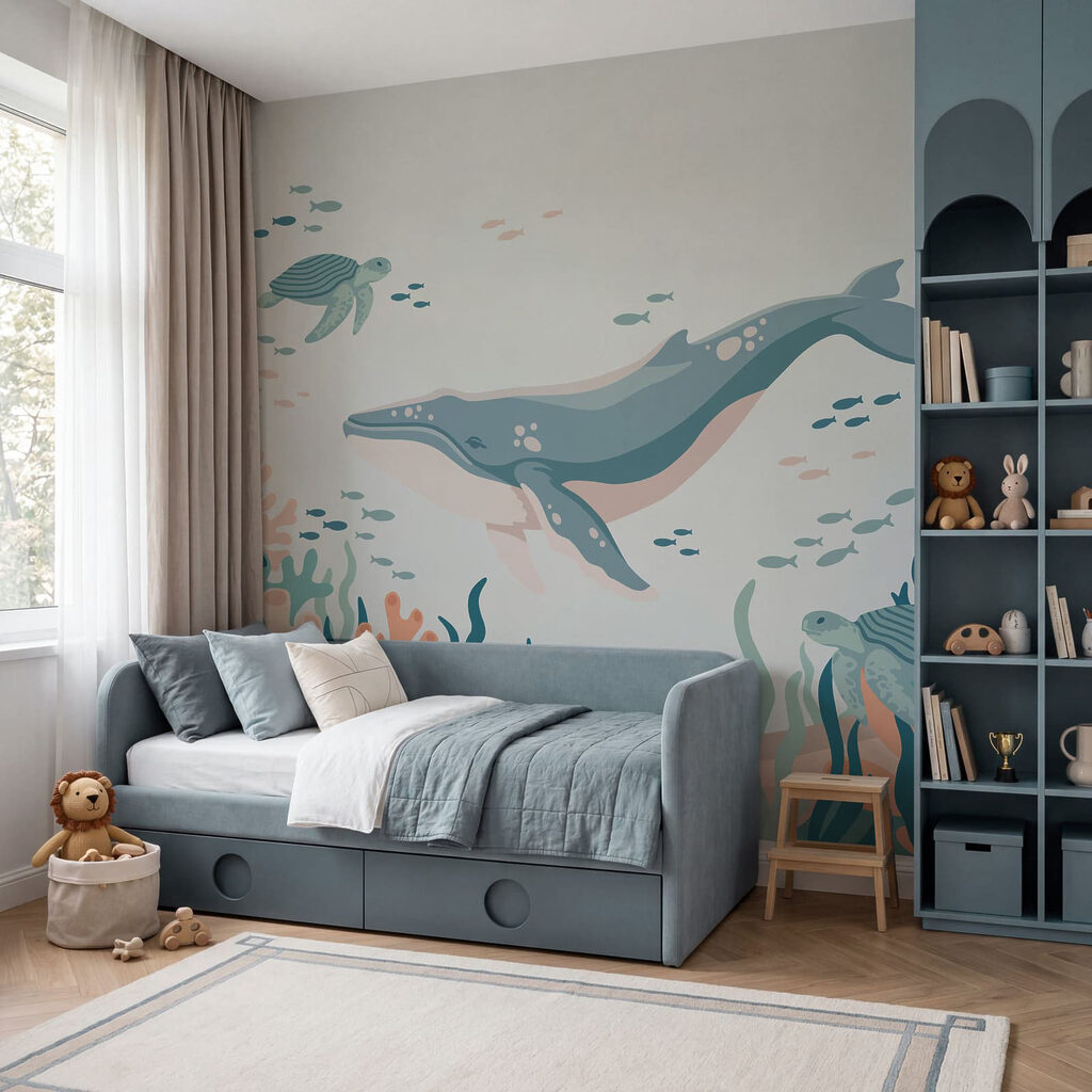 Fotobehang Een walvis en een schildpad die in de oceaan zwemmen (Artikelnummer: t01074)