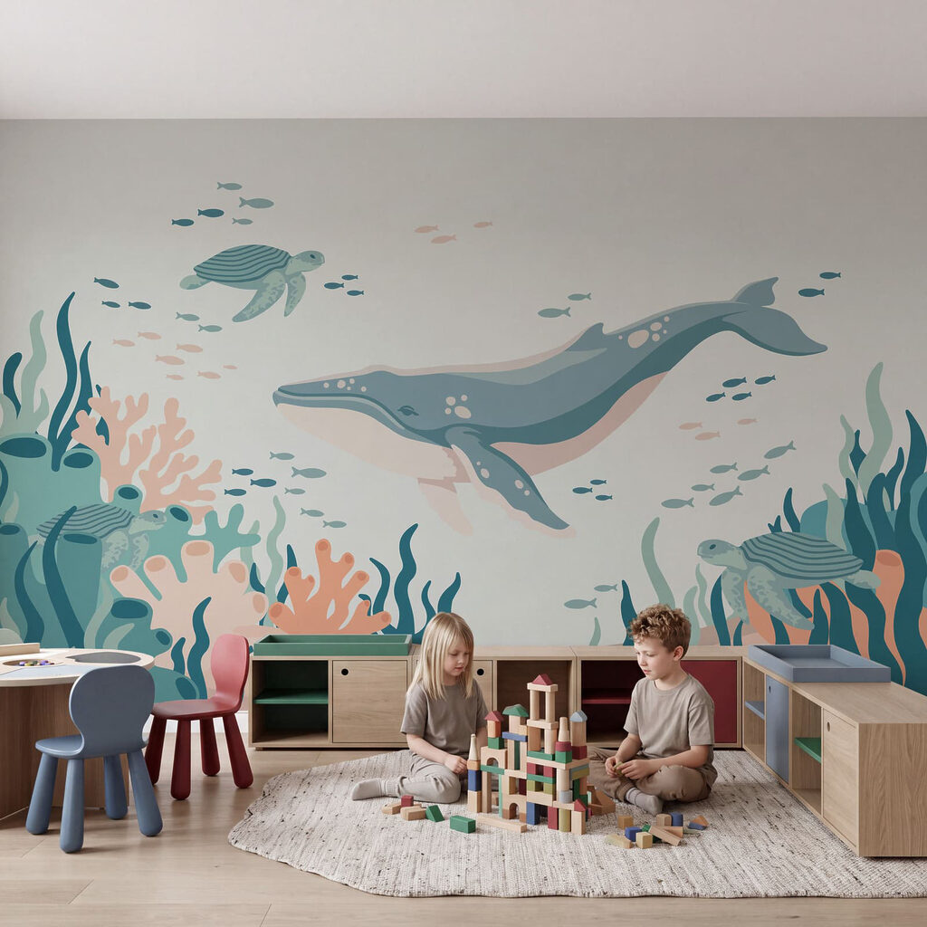 Fotobehang Een walvis en een schildpad die in de oceaan zwemmen (Artikelnummer: t01074)