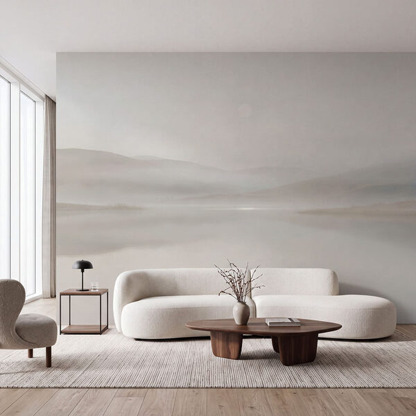 Fotobehang Mistig landschap met heuvels en water (Artikelnummer: t01075)