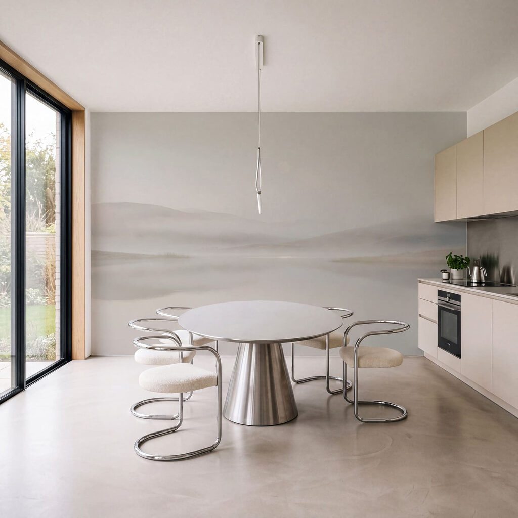 Fotobehang Mistig landschap met heuvels en water (Artikelnummer: t01075)