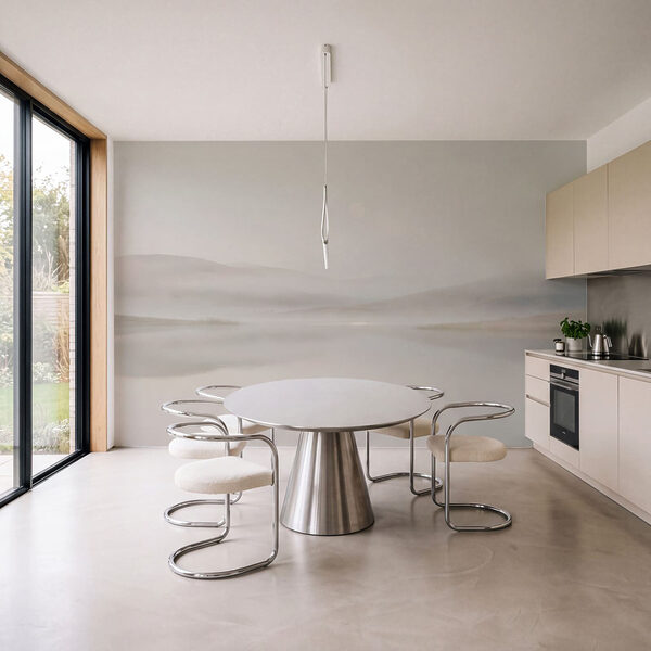 Fotobehang Mistig landschap met heuvels en water (Artikelnummer: t01075)