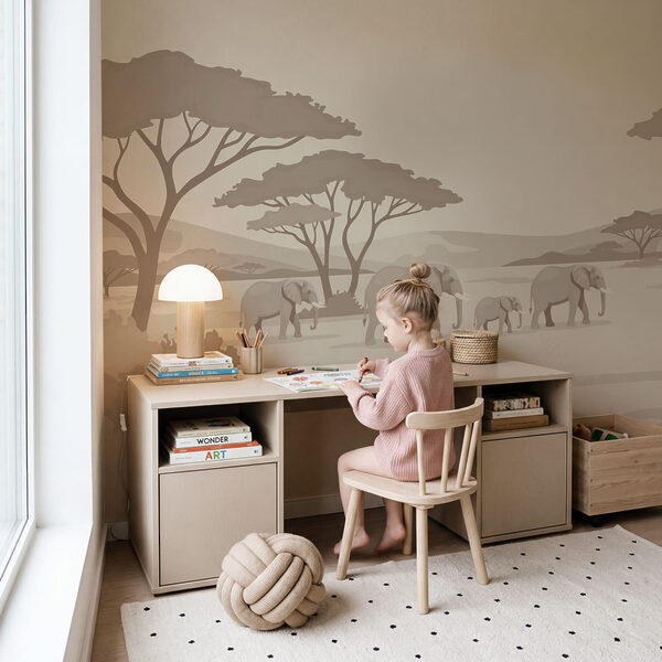 Fotobehang Een groep olifanten en giraffen in een veld (Artikelnummer: t01076) Fotobehang Een groep olifanten en giraffen in een veld (Artikelnummer: t01076)