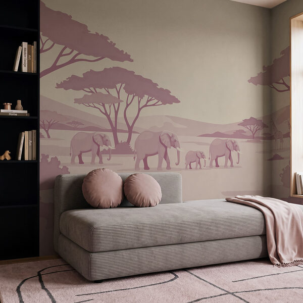 Fotobehang Een groep olifanten en giraffen in een woestijn (Artikelnummer: t01076v1) Fotobehang Een groep olifanten en giraffen in een woestijn (Artikelnummer: t01076v1)
