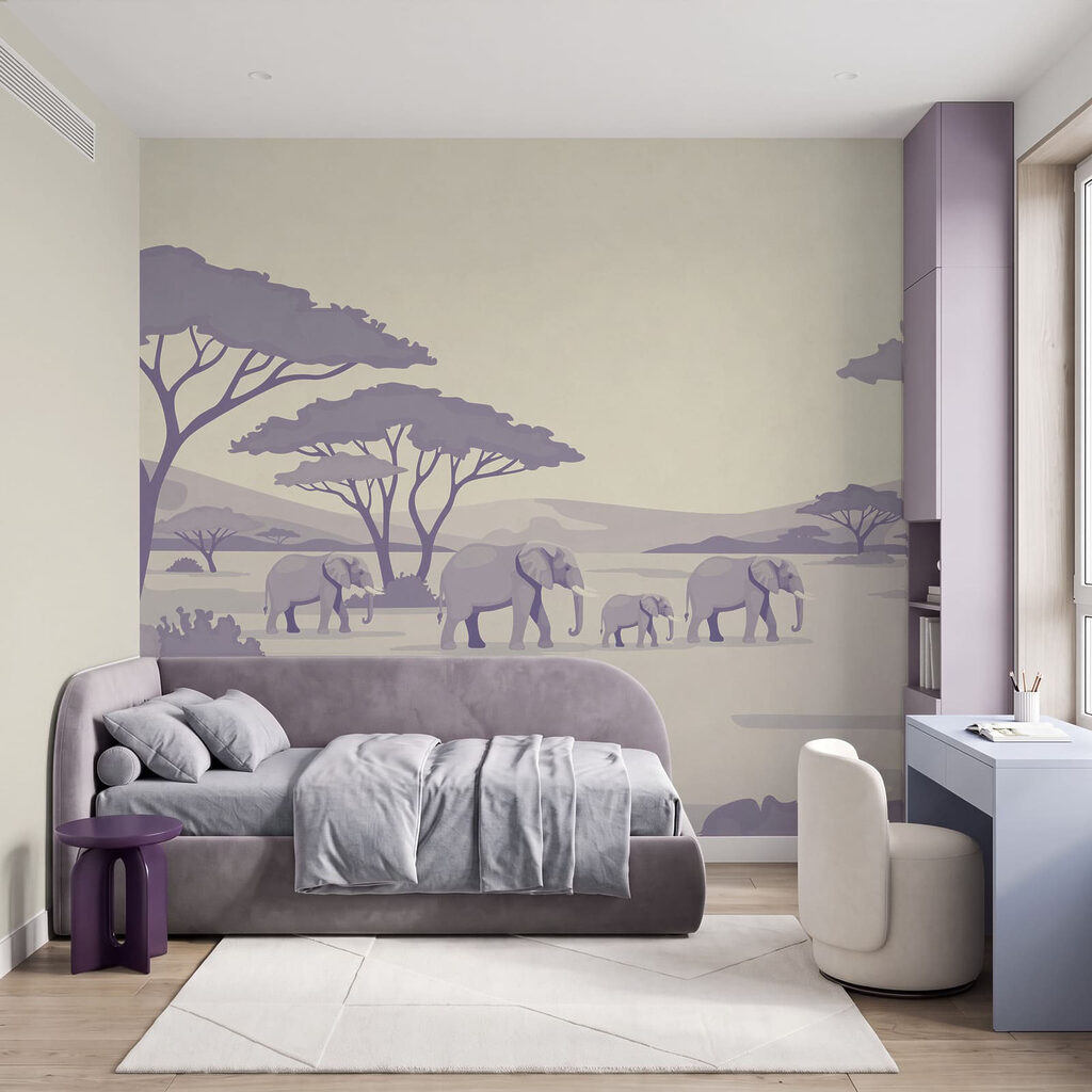 Fotobehang Een groep olifanten en giraffen in een veld (Artikelnummer: t01076v2) Fotobehang Een groep olifanten en giraffen in een veld (Artikelnummer: t01076v2)