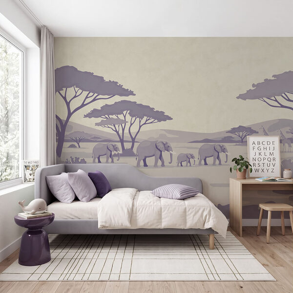 Fotobehang Een groep olifanten en giraffen in een veld (Artikelnummer: t01076v2) Fotobehang Een groep olifanten en giraffen in een veld (Artikelnummer: t01076v2)
