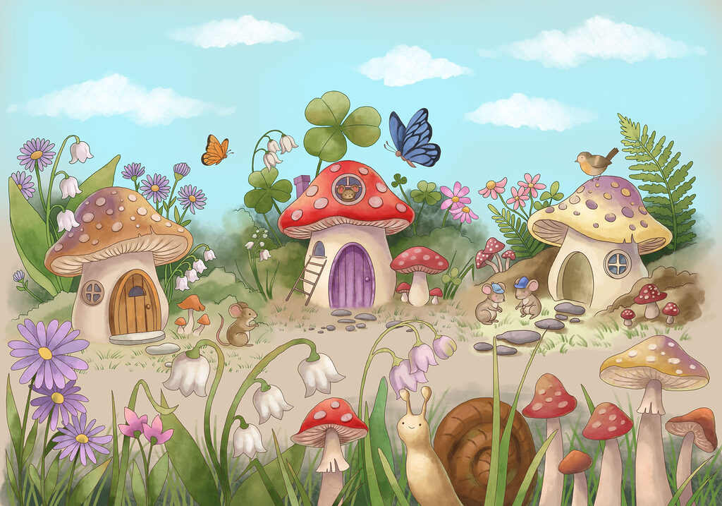 Fotobehang Cartoon met paddenstoelen en slakken (Artikelnummer: t01104)