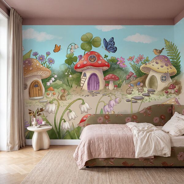 Fotobehang Cartoon met paddenstoelen en slakken (Artikelnummer: t01104) Fotobehang Cartoon met paddenstoelen en slakken (Artikelnummer: t01104)