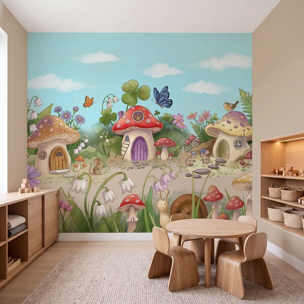 Fotobehang Cartoon met paddenstoelen en slakken (Artikelnummer: t01104)
