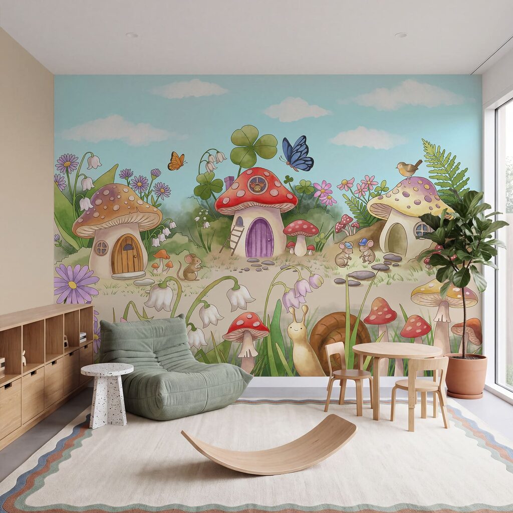 Fotobehang Cartoon met paddenstoelen en slakken (Artikelnummer: t01104)