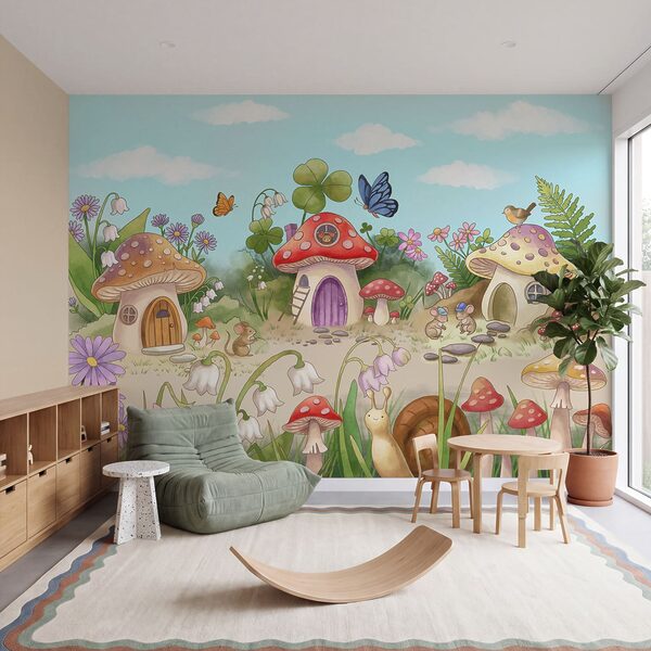 Fotobehang Cartoon met paddenstoelen en slakken (Artikelnummer: t01104)
