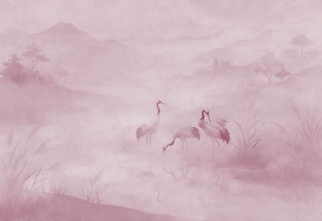 Fotobehang Een groep vogels in een mistig landschap (Artikelnummer: t01089v1)