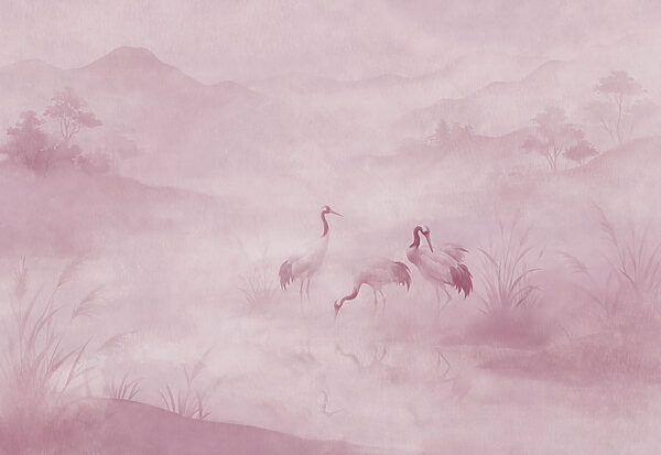 Fotobehang Een groep vogels in een mistig landschap (Artikelnummer: t01089v1)