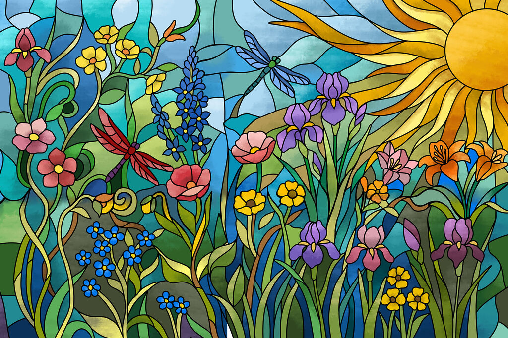 Fotobehang Glas-in-loodraam met bloemen en libellen (Artikelnummer: t01120) Fotobehang Glas-in-loodraam met bloemen en libellen (Artikelnummer: t01120)