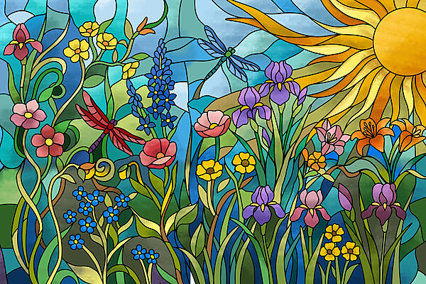 Fotobehang Glas-in-loodraam met bloemen en libellen (Artikelnummer: t01120) Fotobehang Glas-in-loodraam met bloemen en libellen (Artikelnummer: t01120)