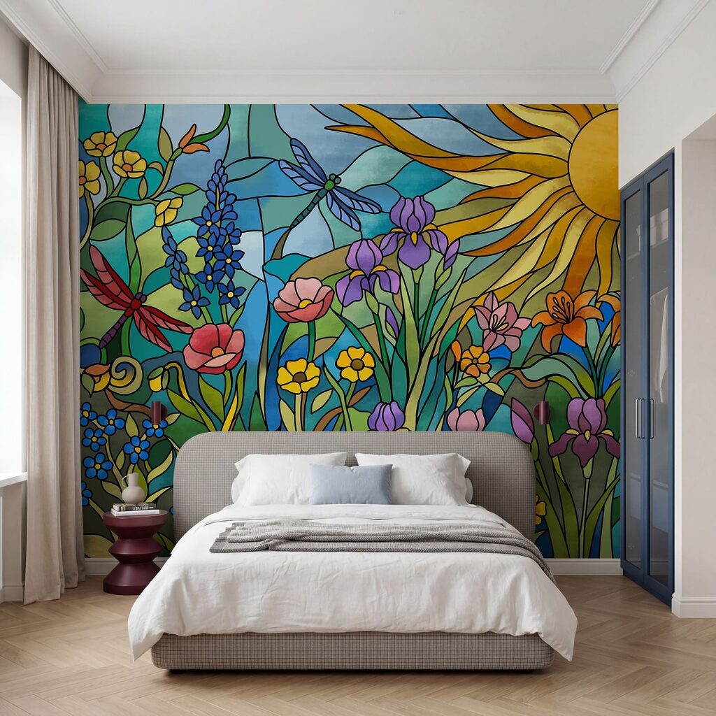 Fotobehang Glas-in-loodraam met bloemen en libellen (Artikelnummer: t01120) Fotobehang Glas-in-loodraam met bloemen en libellen (Artikelnummer: t01120)