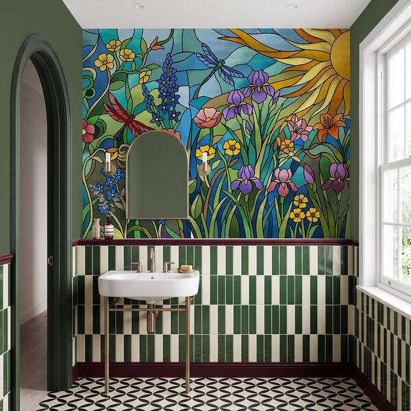 Fotobehang Glas-in-loodraam met bloemen en libellen (Artikelnummer: t01120) Fotobehang Glas-in-loodraam met bloemen en libellen (Artikelnummer: t01120)