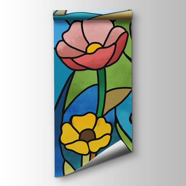 Fotobehang Glas-in-loodraam met bloemen en libellen (Artikelnummer: t01120) Fotobehang Glas-in-loodraam met bloemen en libellen (Artikelnummer: t01120)